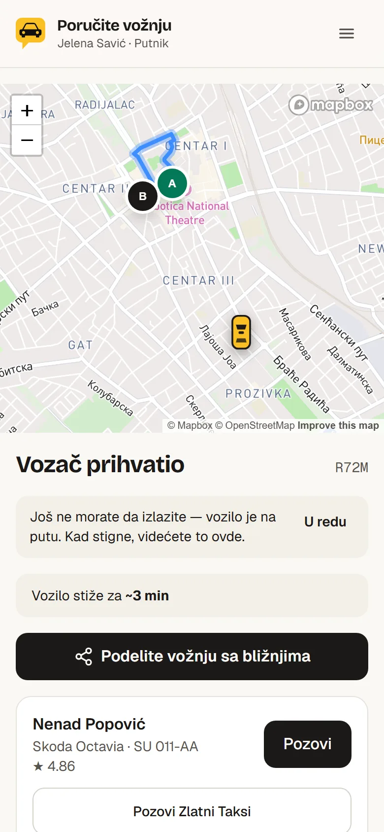 Fuvar képernyő: az autó a térképen és az érkezési idő
